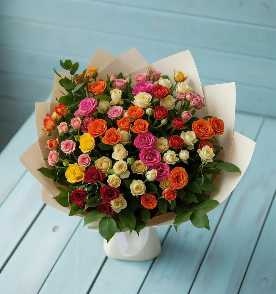 Букет Микс из разноцветных кустовых роз в Борках