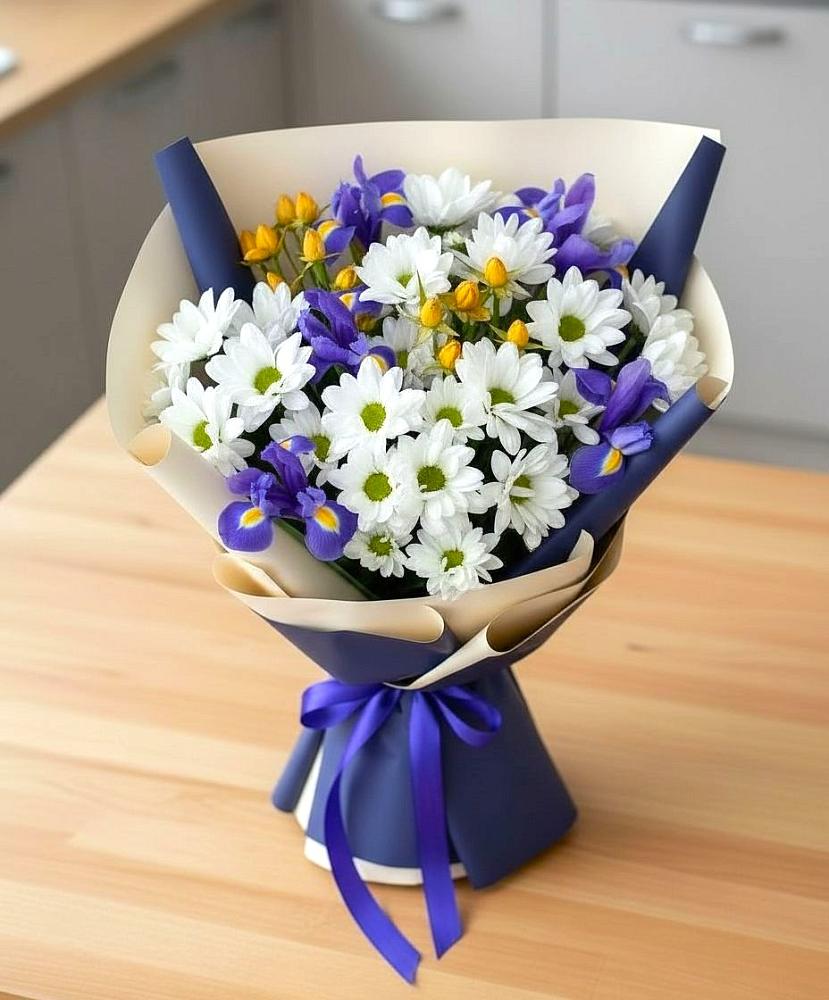 Букет цветов из: Розы, Ирисы и Хризантемы в Борках